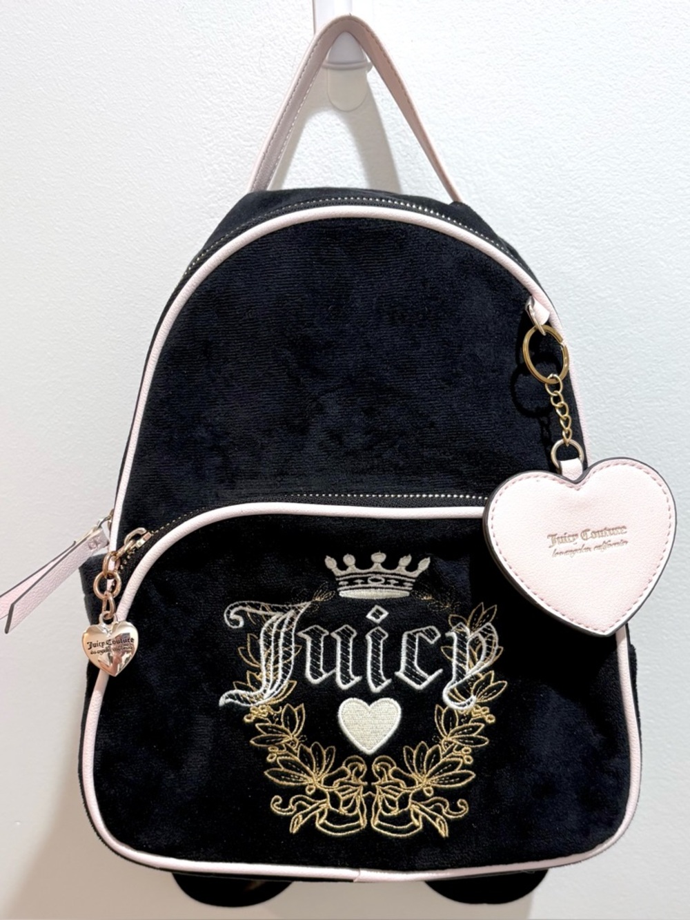 Juicy Couture Liquorice Black/Pink Velour Heritage Y2K Style Mini Backpack